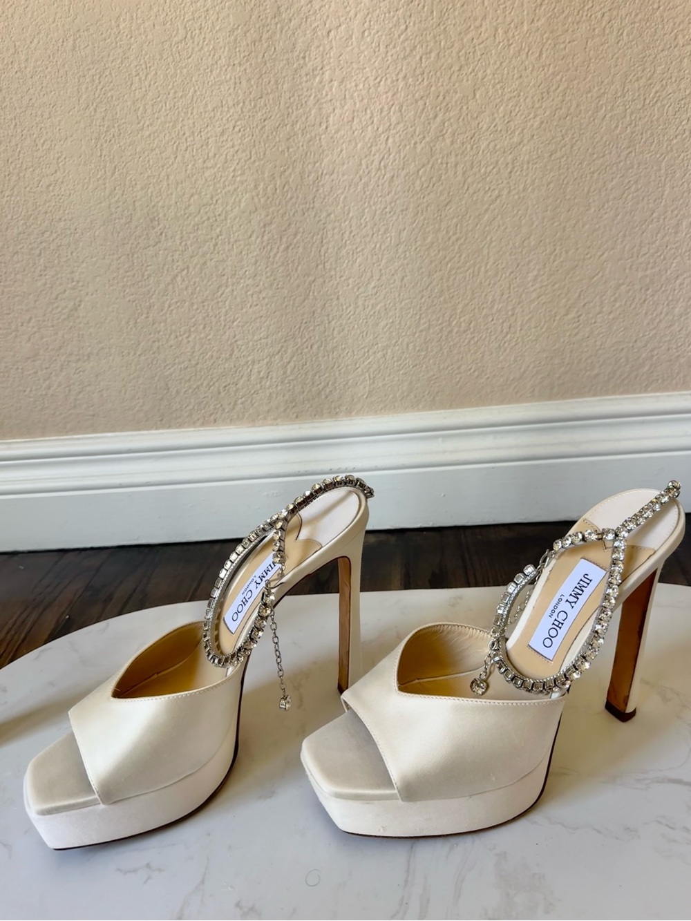 Jimmy Choo White Platform High Heel Sandals with Rhinestone Ankle Chain - Picture 7 of 16